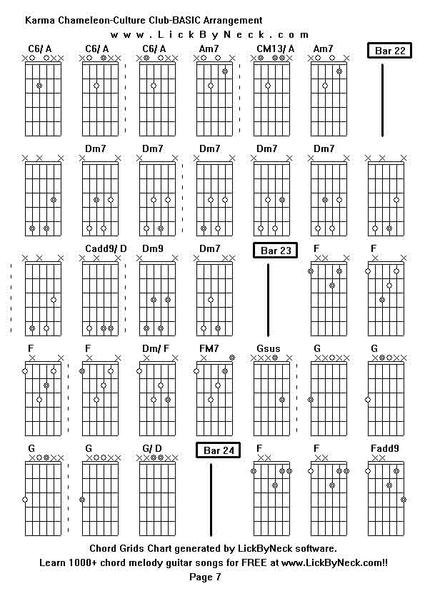 Chord Grids Chart of chord melody fingerstyle guitar song-Karma Chameleon-Culture Club-BASIC Arrangement,generated by LickByNeck software.